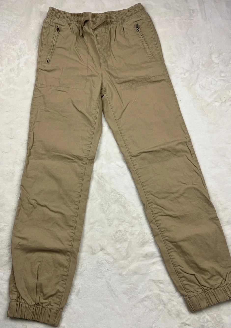 Gap Kids Boys XL 12 13 Khaki Jogger Pants Soft Jersey Lined Zip Pockets